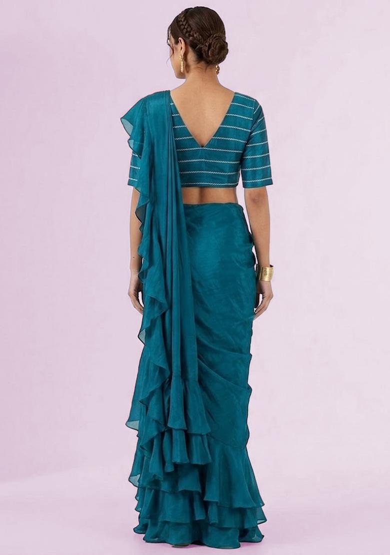 Blue Embroidered Organza Pre Draped Saree Set - Indya