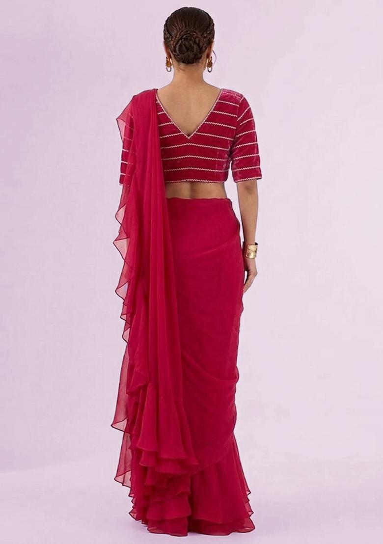 Rani Pink Embroidered Organza Pre Draped Saree Set - Indya