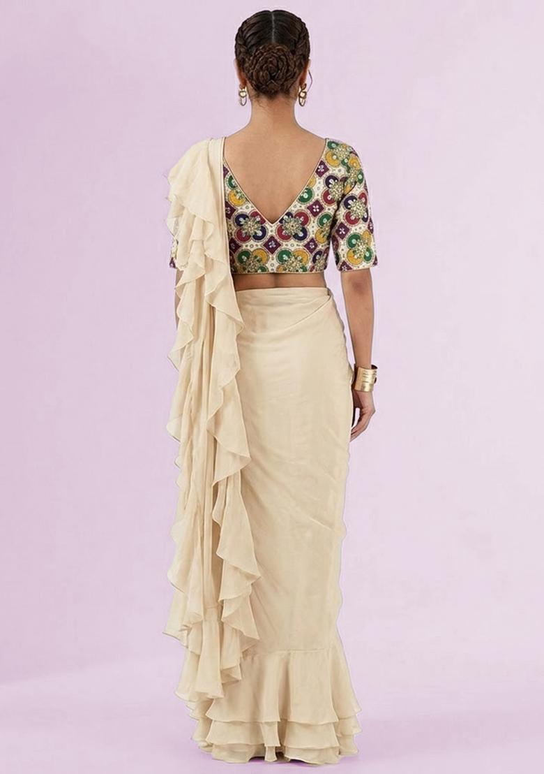 Cream Printed Crepe Pre Draped Saree Set - Indya