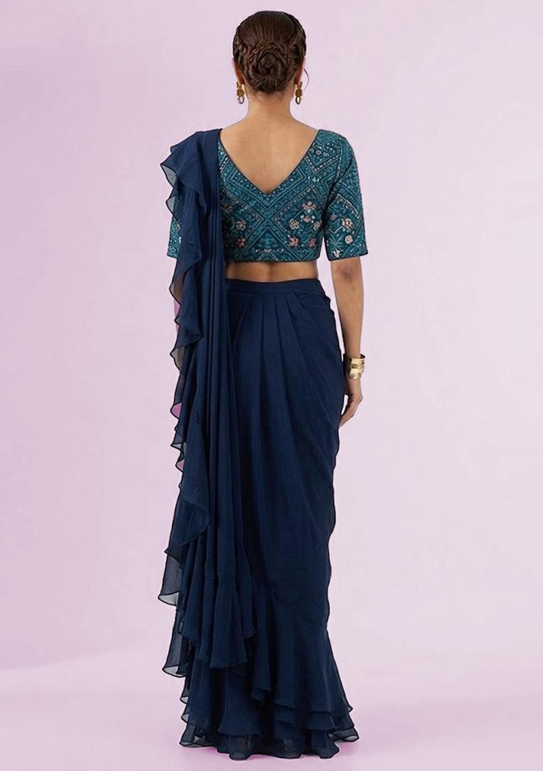 Navy Blue Printed Crepe Pre Draped Saree Set - Indya
