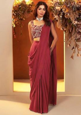 Crimson Embroidered Crepe Pre Draped Saree Set