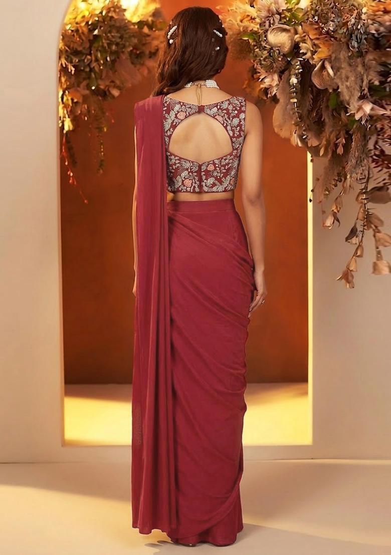 Crimson Embroidered Crepe Pre Draped Saree Set - Indya