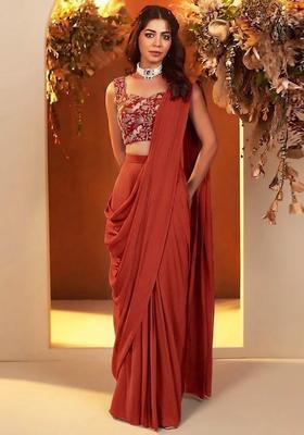 Orange Embroidered Crepe Pre Draped Saree Set