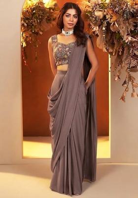 Mauve Grey Embroidered Crepe Pre Draped Saree Set