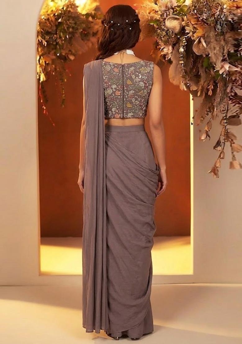 Mauve Grey Embroidered Crepe Pre Draped Saree Set - Indya