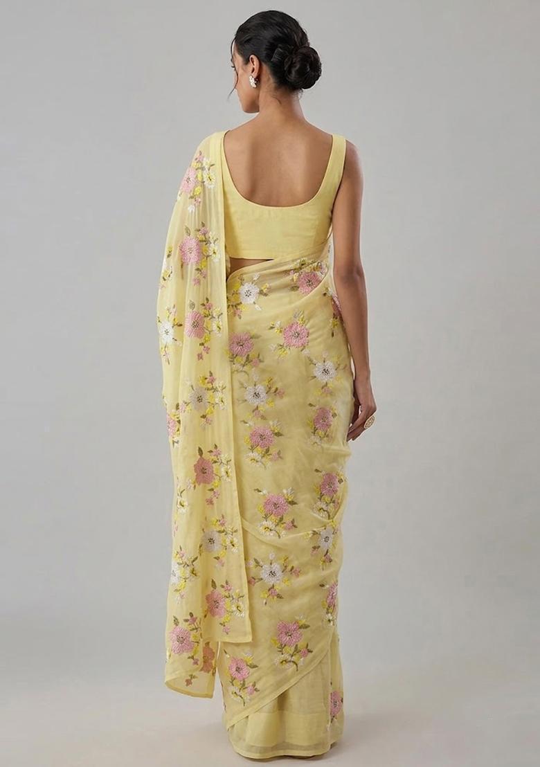 Yellow Embroidered Chanderi Pre Draped Saree Set - Indya