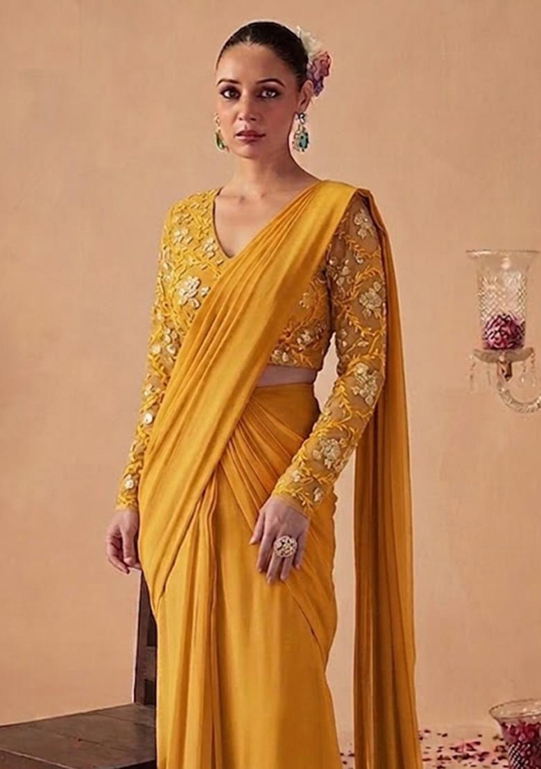 Mustard Yellow Embroidered Net Pre Draped Saree Set - Indya