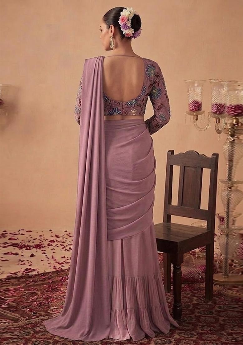 Mauve Sequin Organza Pre Draped Saree Set - Indya
