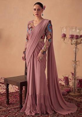 Dusty Rose Printed Crepe Pre Draped Saree Set