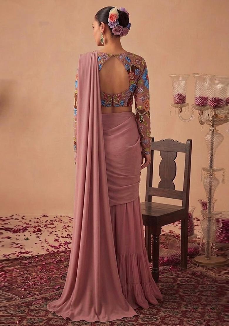 Dusty Rose Printed Crepe Pre Draped Saree Set - Indya