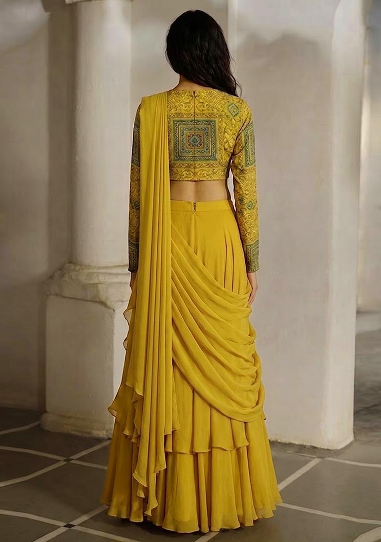 Mustard Yellow Printed Crepe Lehenga Set - Indya