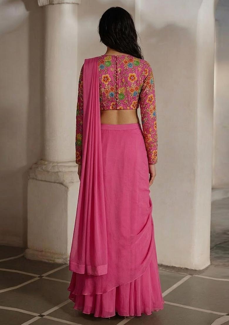 Pink Embroidered Crepe Lehenga Set - Indya