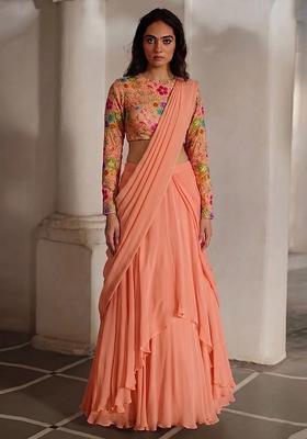 Peach Embroidered Crepe Lehenga Set