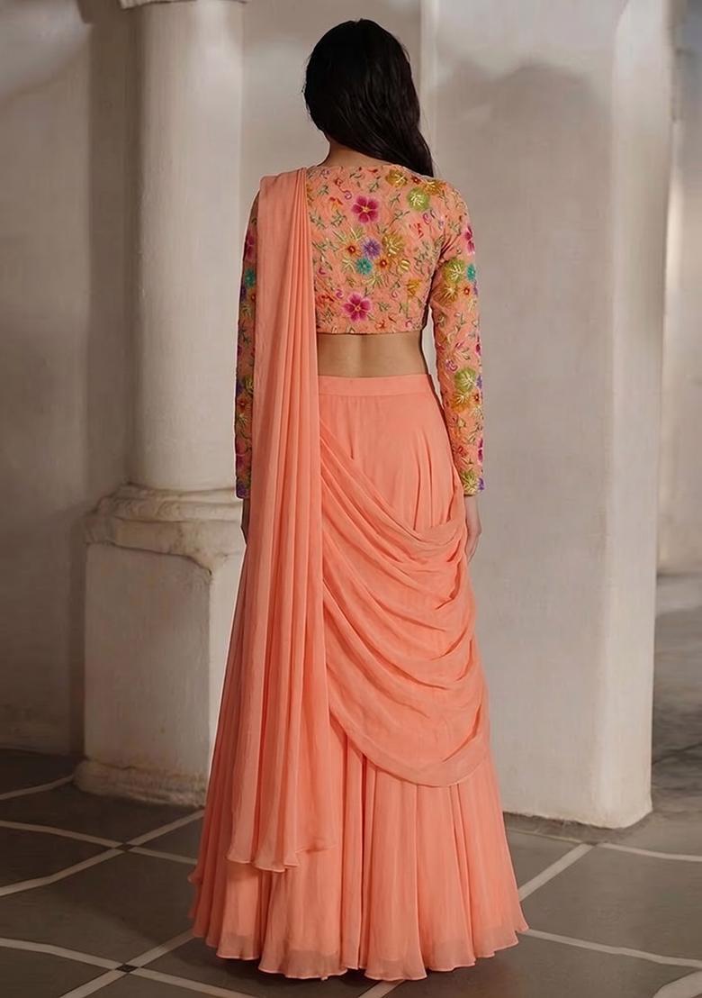Peach Embroidered Crepe Lehenga Set - Indya