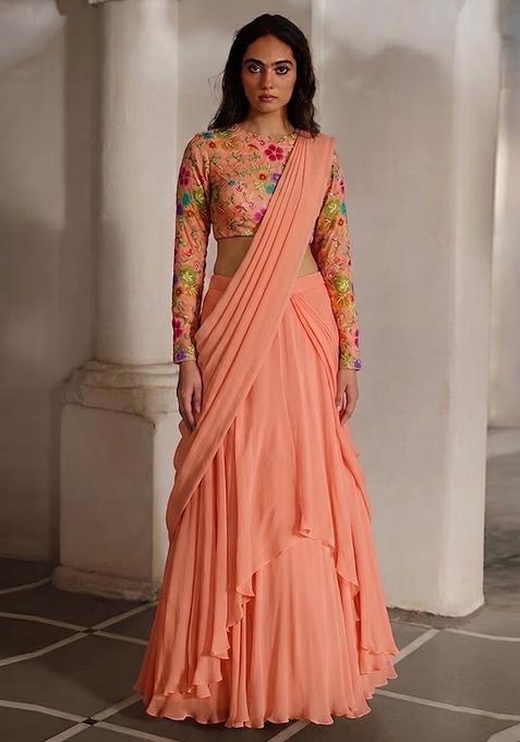 Peach Embroidered Crepe Lehenga Set