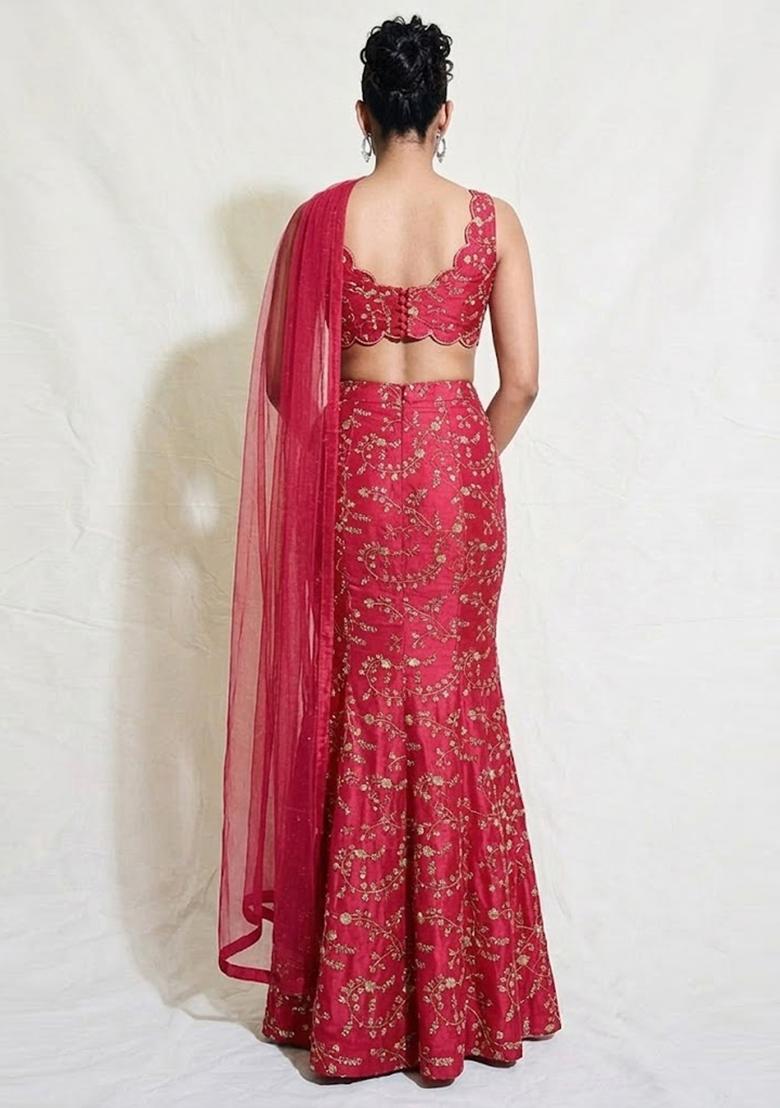 Magenta Embroidered Crepe Lehenga Set - Indya