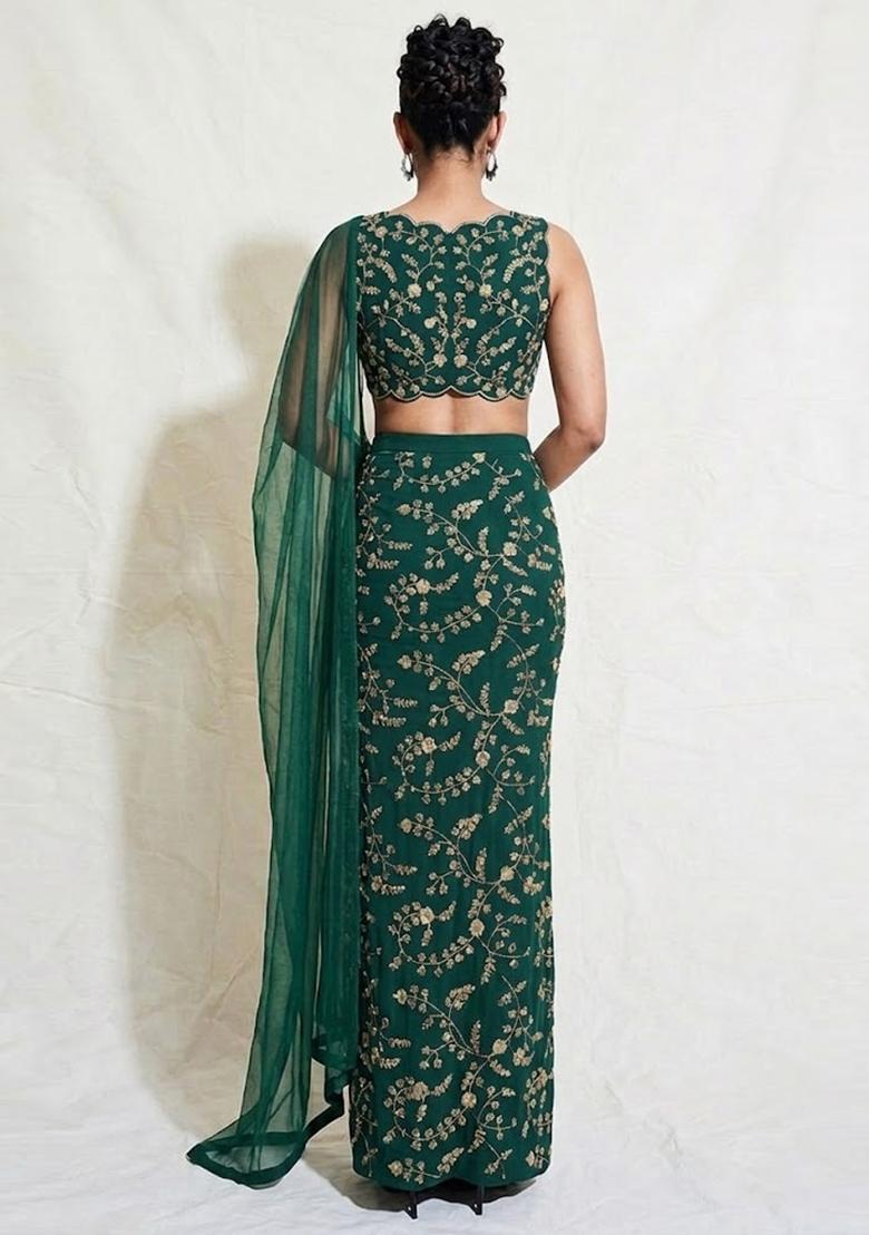 Bottle Green Embroidered Crepe Lehenga Set - Indya