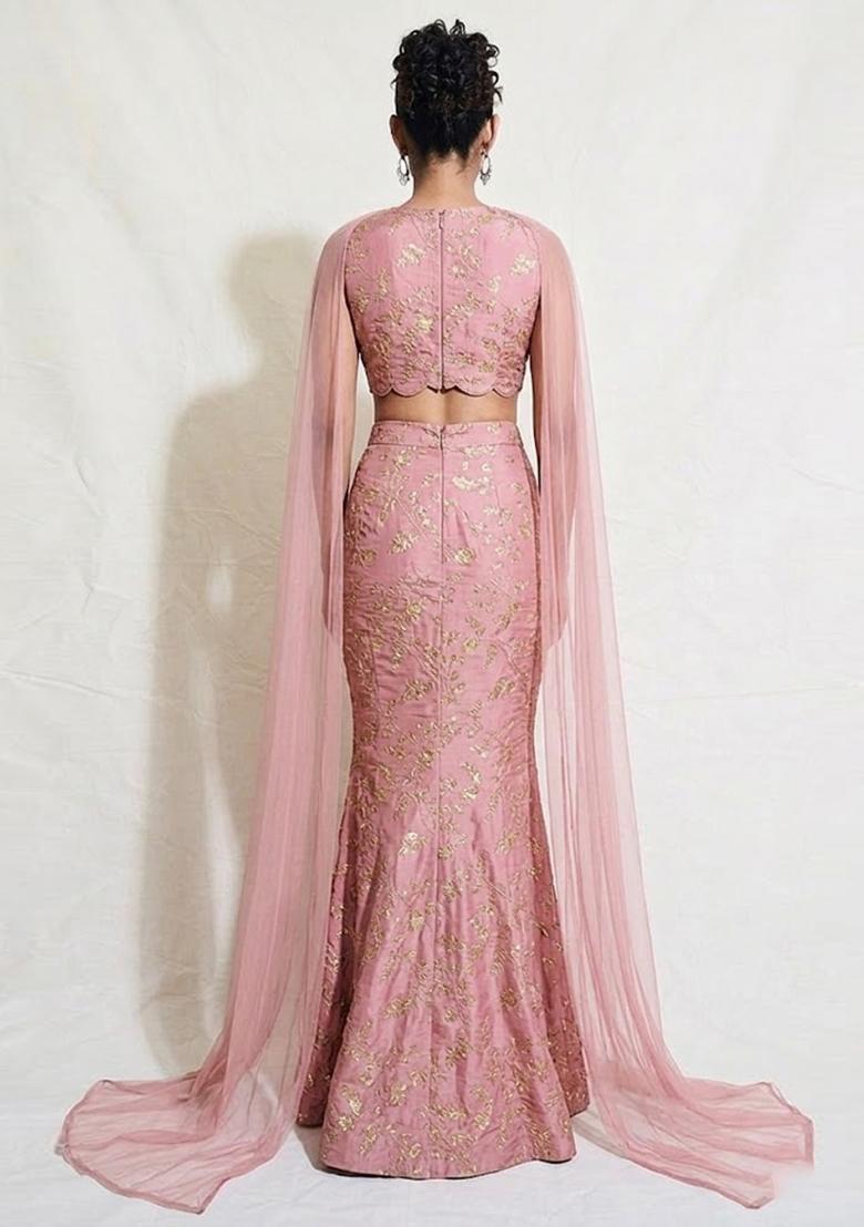 Dusty Rose Embroidered Crepe Lehenga Set - Indya