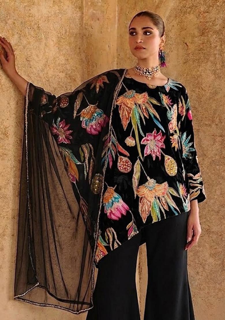 Black Printed Crepe Kurta Set - Indya