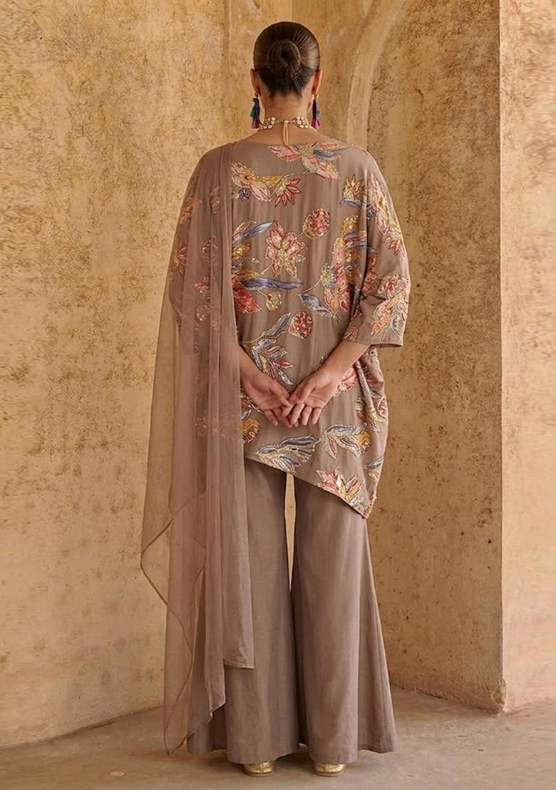 Taupe Printed Crepe Kurta Set - Indya