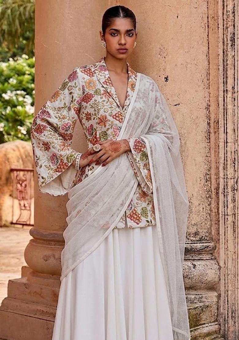 White Printed Crepe Fusion Set - Indya