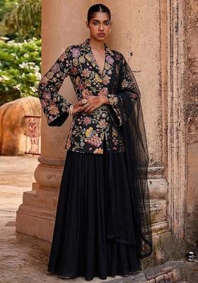 Black Printed Crepe Fusion Set