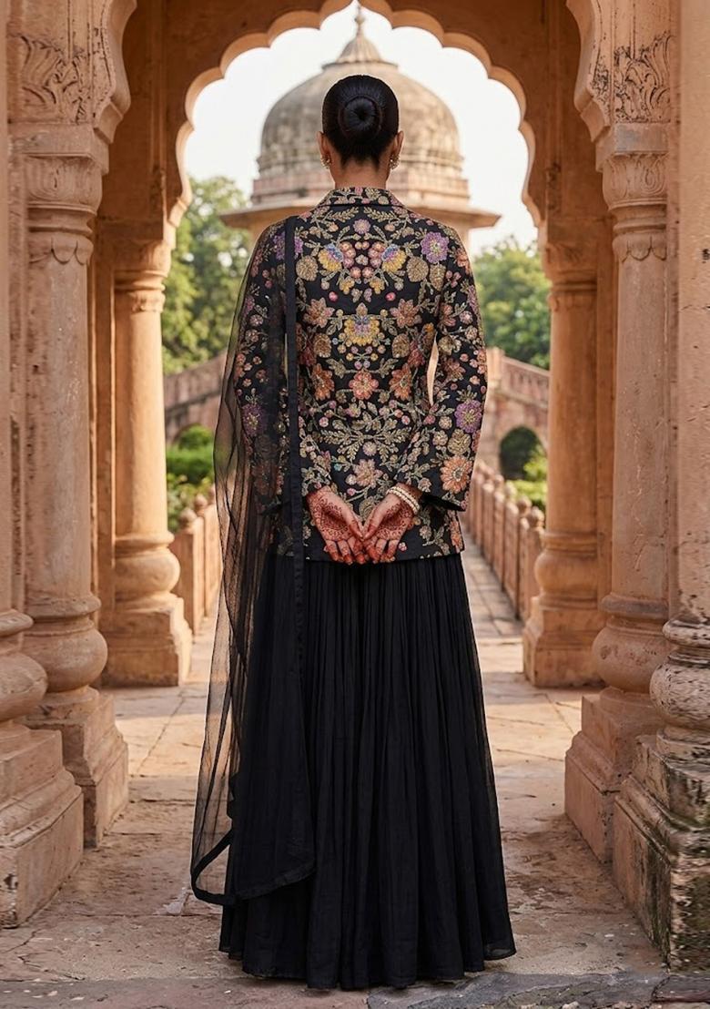 Black Printed Crepe Fusion Set - Indya