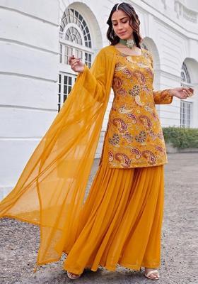 Yellow Printed Crepe Sharara Set