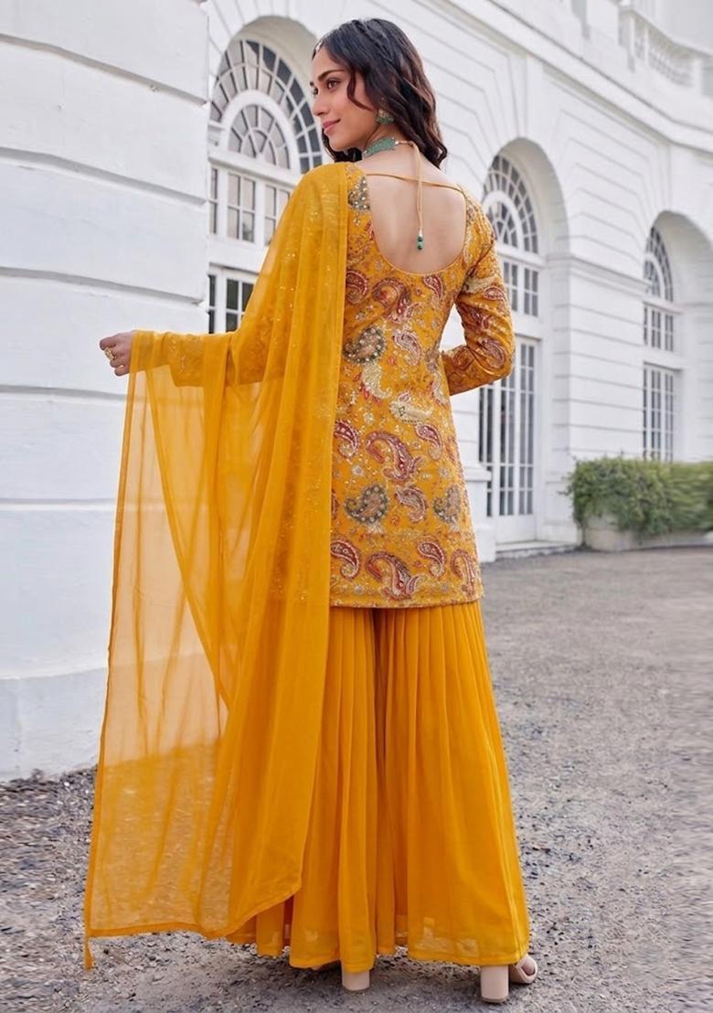 Yellow Printed Crepe Sharara Set - Indya