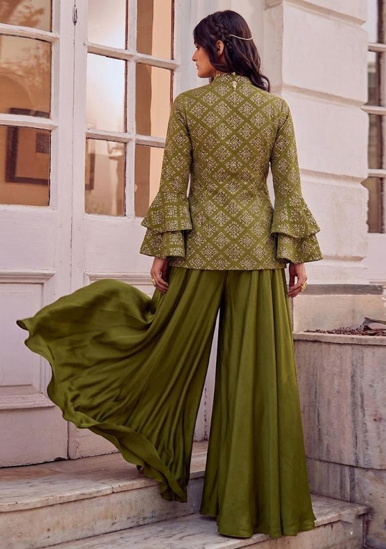 Olive Green Embroidered Crepe Fusion Set - Indya