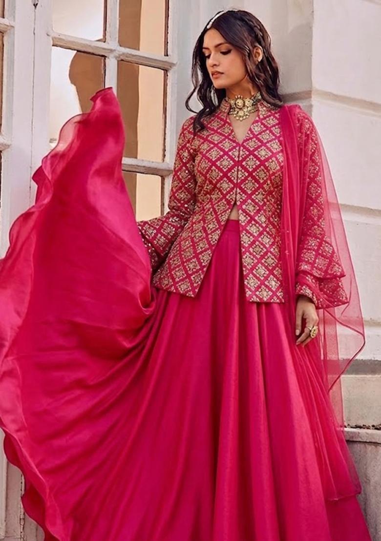 Rani Pink Embroidered Crepe Fusion Set - Indya
