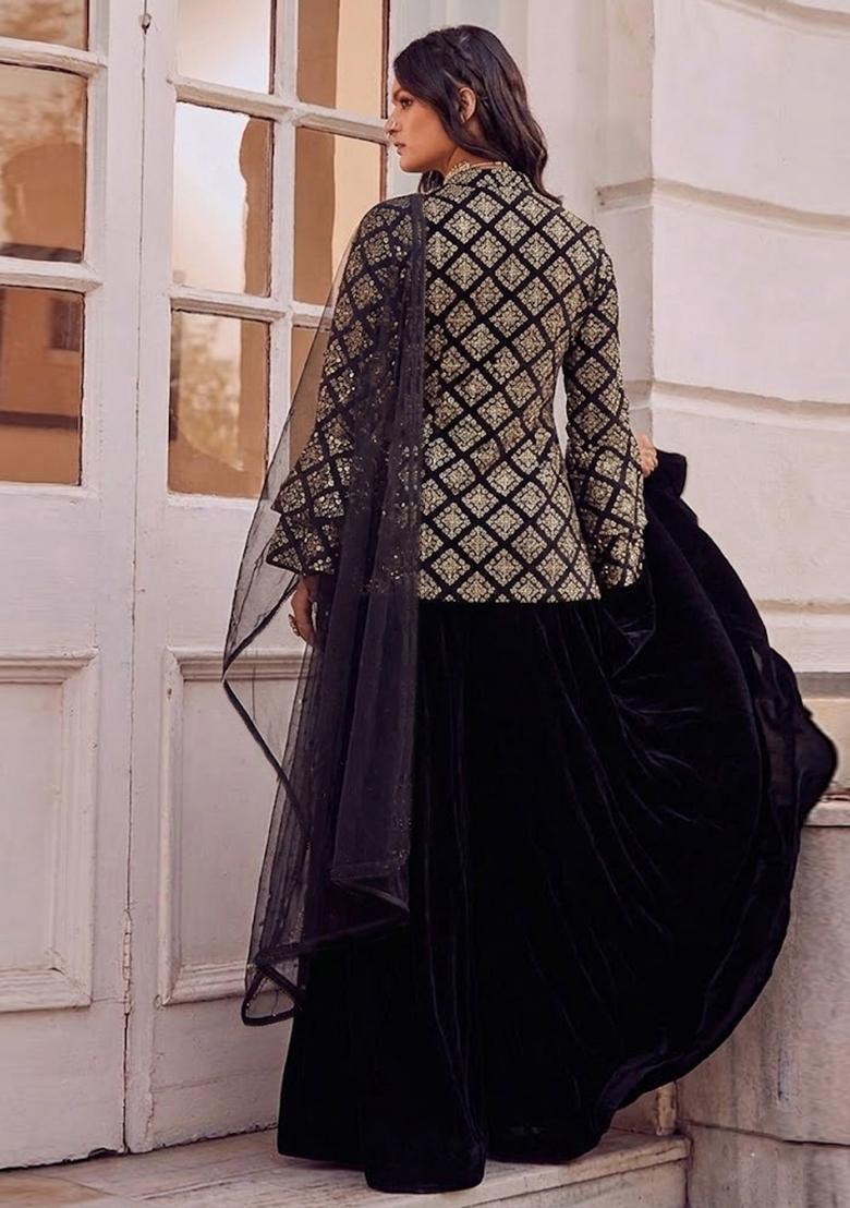 Jet Black Embroidered Crepe Fusion Set - Indya