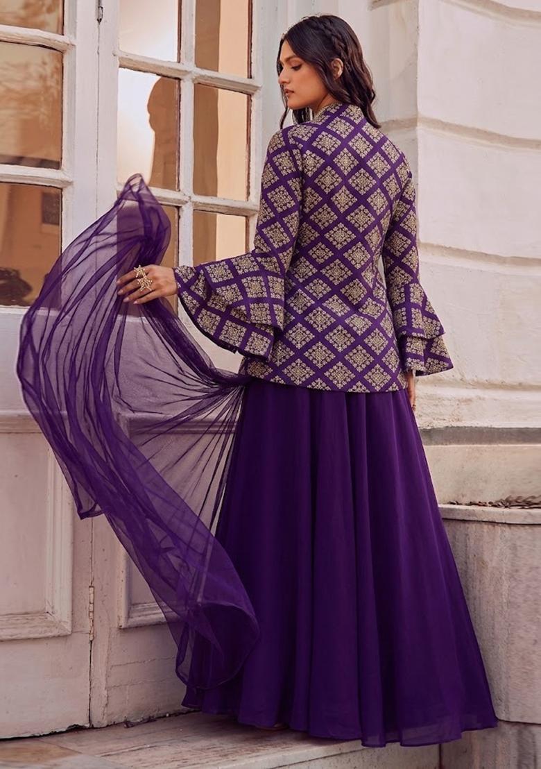 Royal Purple Embroidered Crepe Fusion Set - Indya