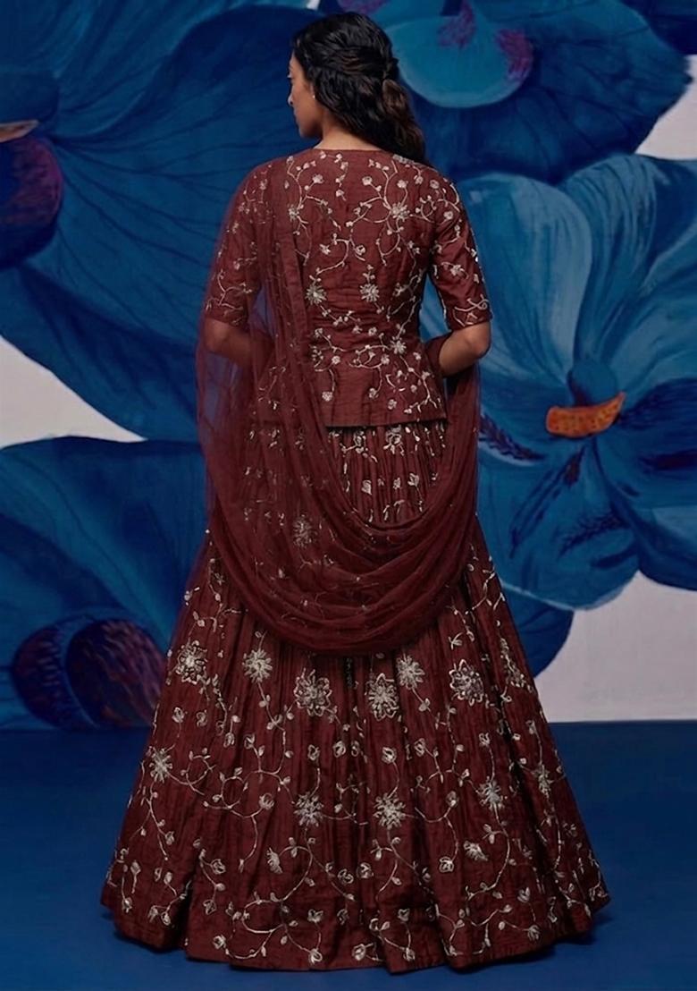 Maroon Red Embroidered Silk Blend Lehenga Set - Indya