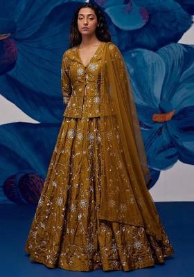 Mustard Yellow Embroidered Silk Blend Lehenga Set