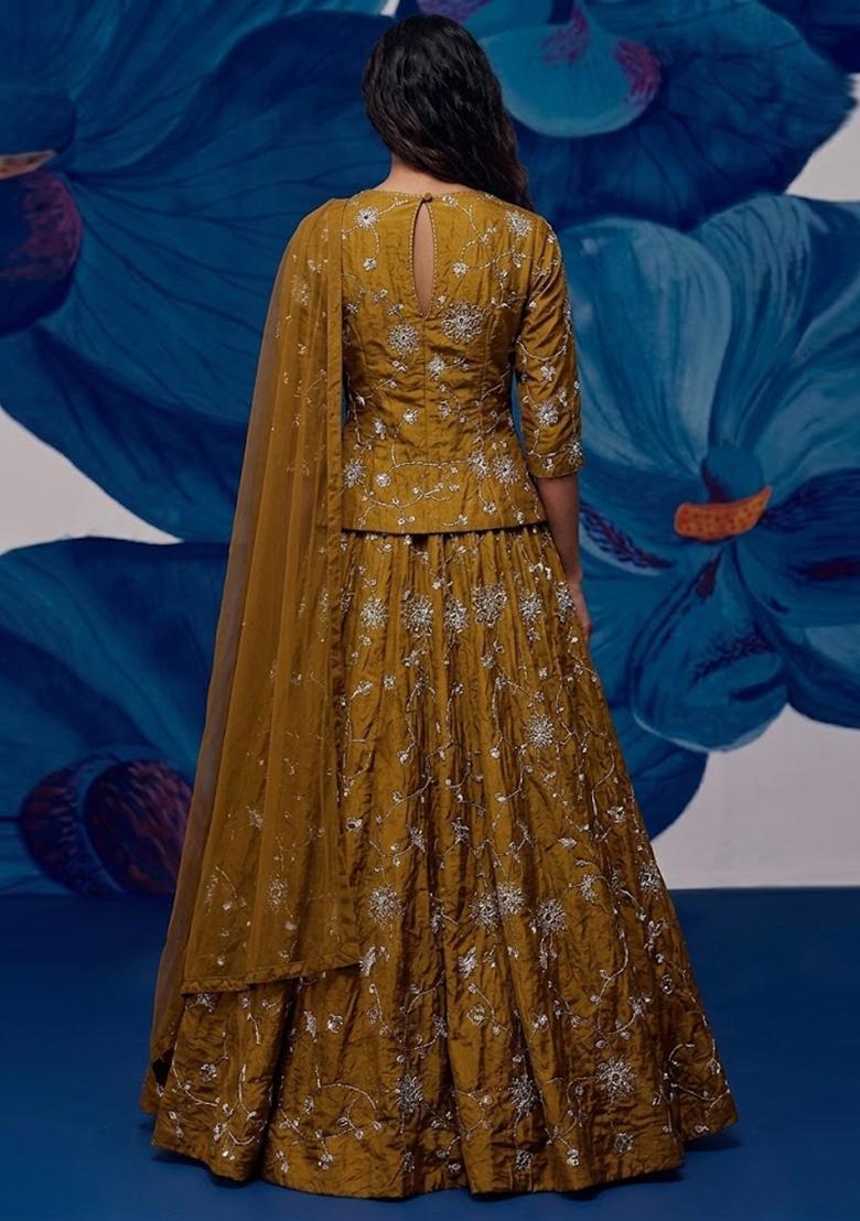 Mustard Yellow Embroidered Silk Blend Lehenga Set - Indya