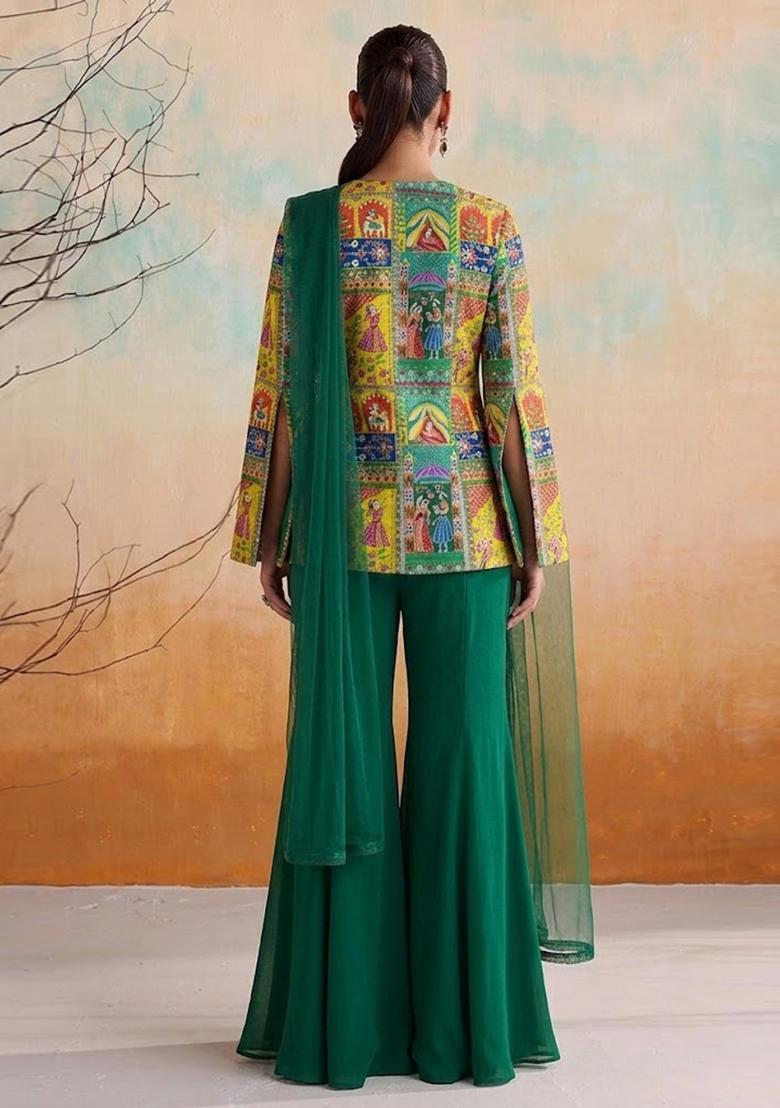 Emerald Green Printed Crepe Fusion Set - Indya