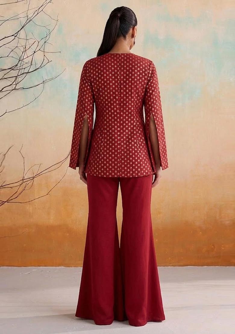 Crimson Red Chanderi Fusion Set - Indya