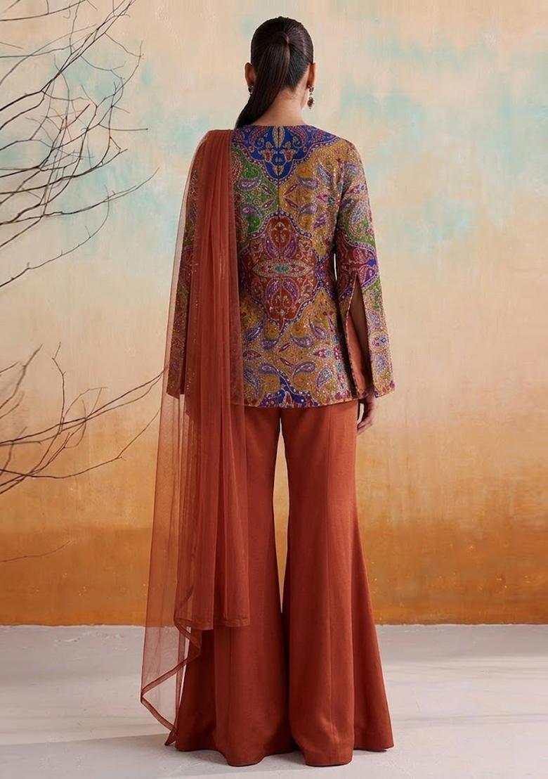 Burnt Orange Embroidered Crepe Fusion Set - Indya