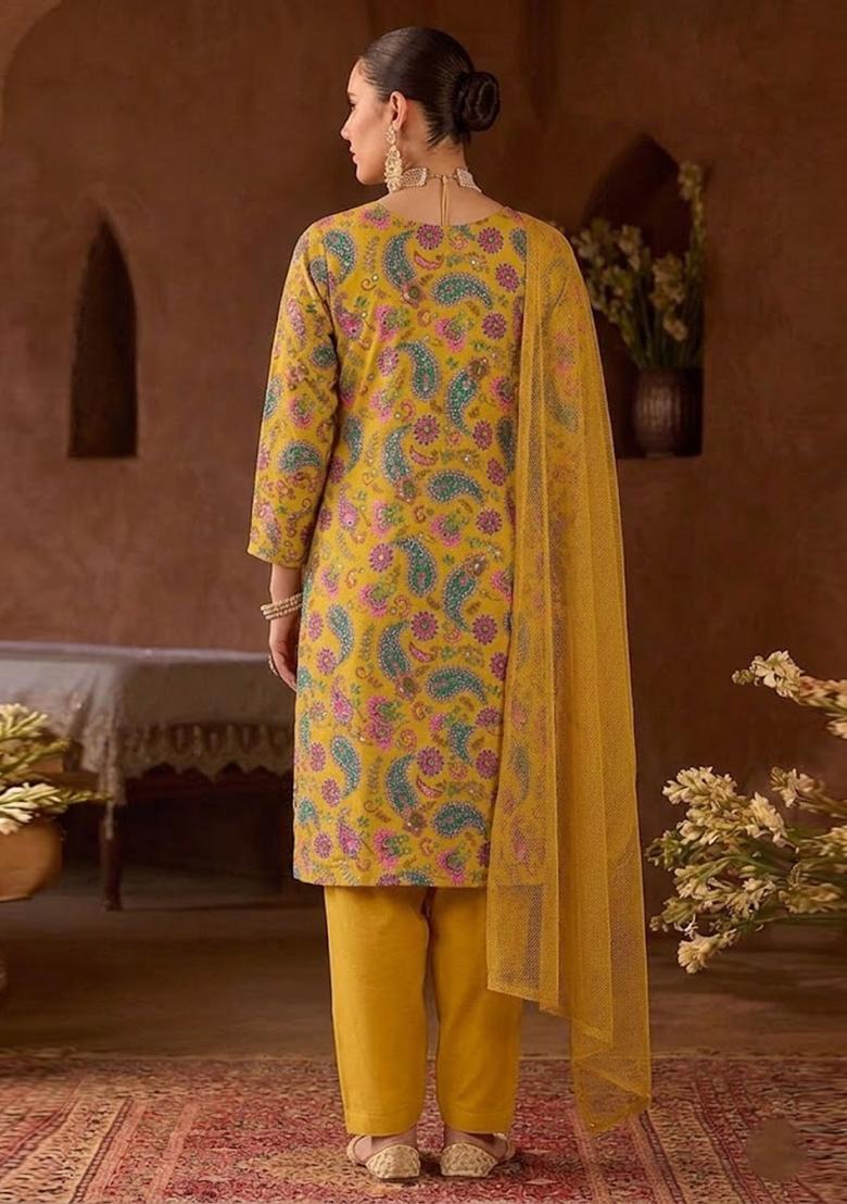 Mustard Yellow Printed Crepe Kurta Set - Indya