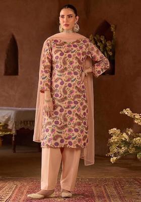 Peach Printed Crepe Kurta Set