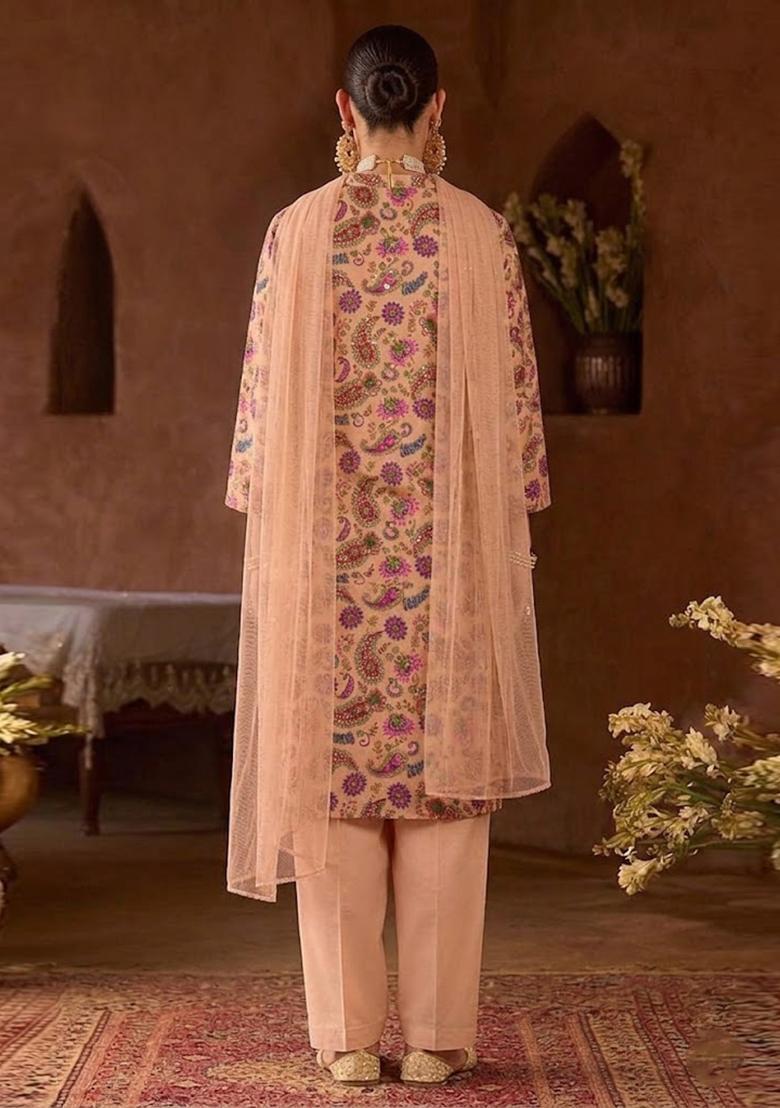 Peach Printed Crepe Kurta Set - Indya