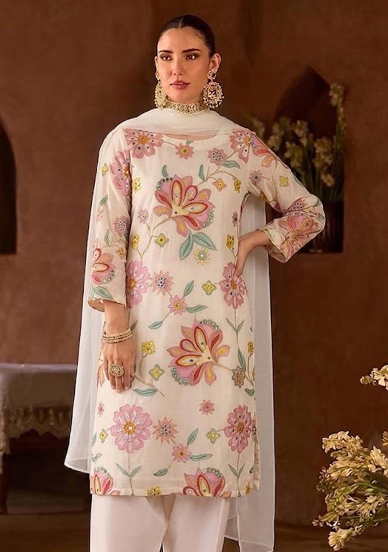 White Embroidered Chinon Kurta Set - Indya