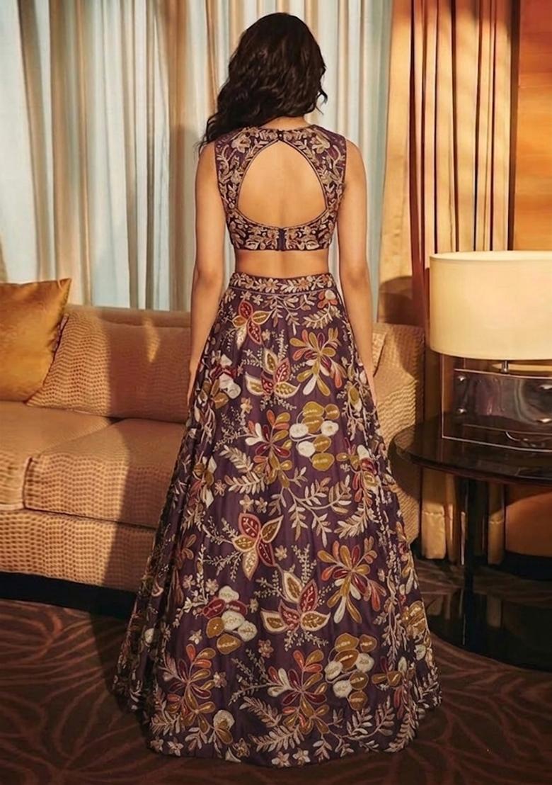 Deep Plum Printed Silk Blend Lehenga Set - Indya