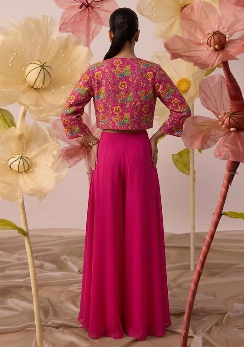 Rani Pink Embroidered Crepe Fusion Set - Indya