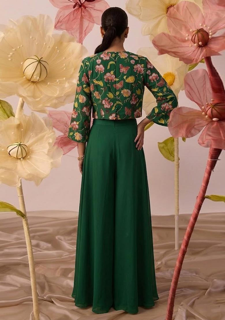 Forest Green Printed Chinon Fusion Set - Indya