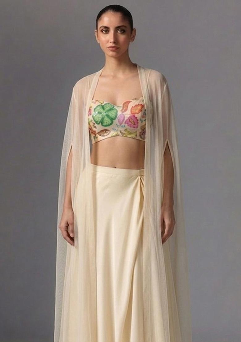 Cream Printed Poly Blend Fusion Set - Indya