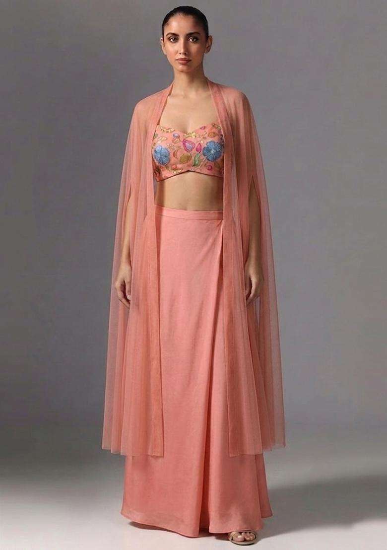 Peach Printed Poly Blend Fusion Set - Indya