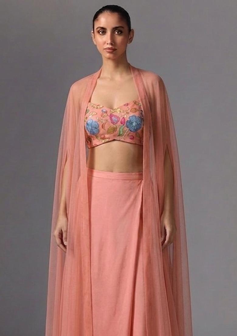 Peach Printed Poly Blend Fusion Set - Indya