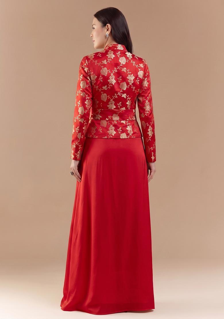 Cherry Red Embroidered Silk Blend Fusion Set - Indya